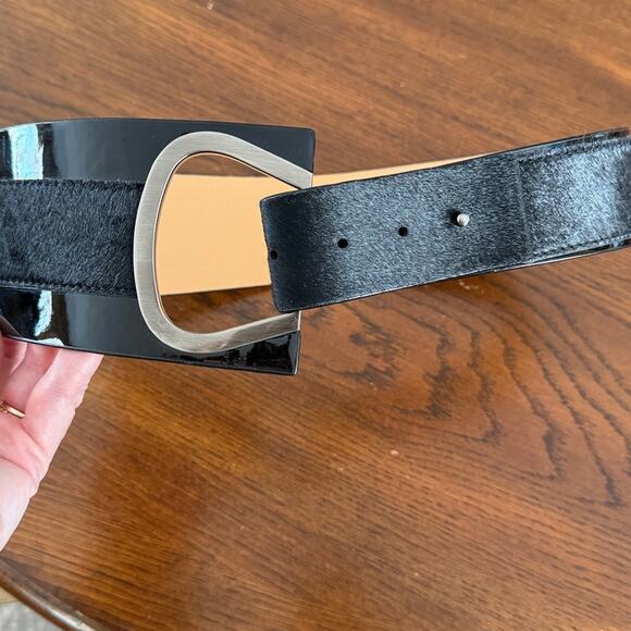 W by Worth Leather & Calf Hair Waist Statement Belt Black Silver XS